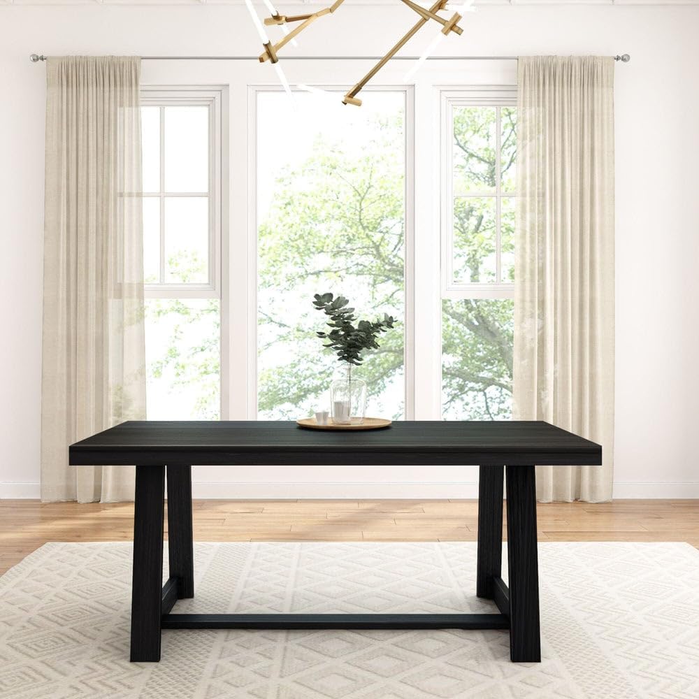72 Inch Farmhouse Dining Table, Solid Wood Rustic Kitchen Table, Large Wooden Rectangular Dinner Table for Dining Room, Home Office, Living Room Furniture, Easy Assembly, Black Wirebrush
